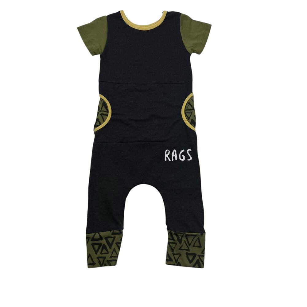 Rags Short Sleeved Black Pocket Romper, 3/6m